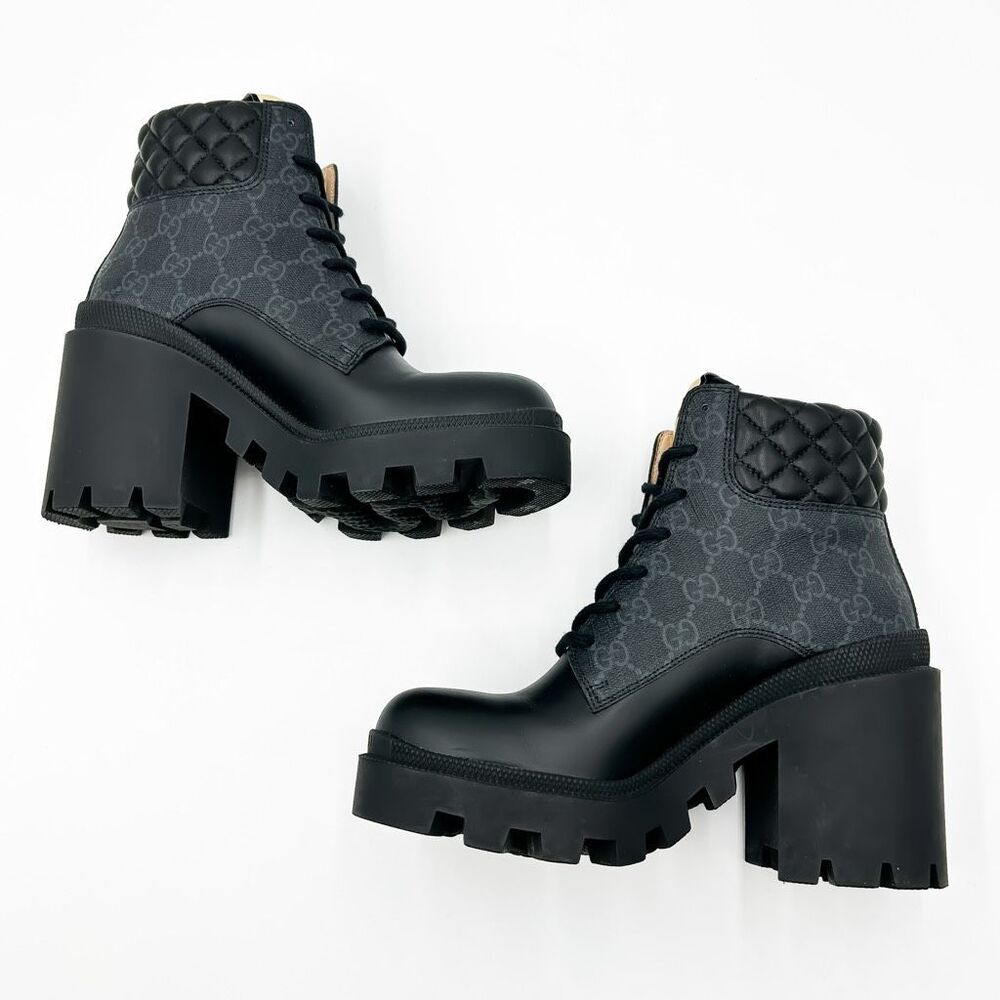 Gucci Boots GG Supreme Apollo Lug Sole Black Leather Canvas 37, 7 - Picture 8 of 14